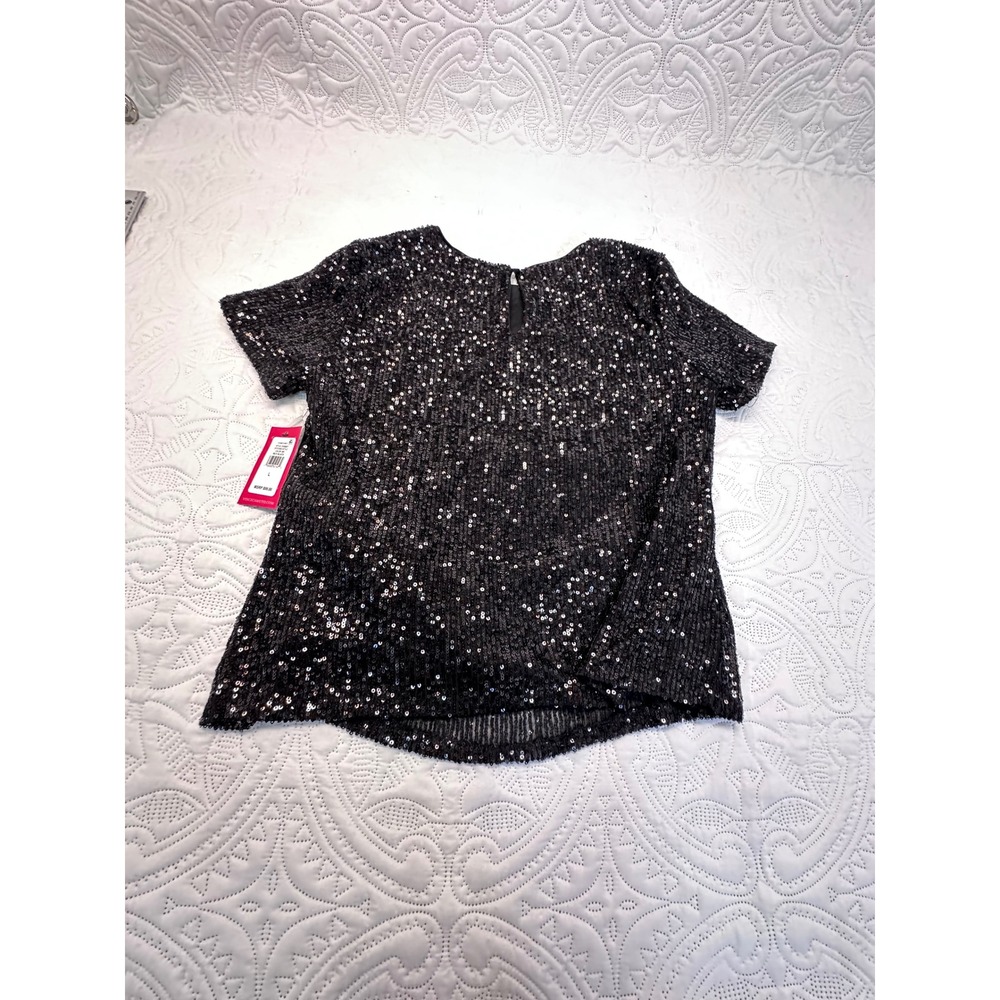 Vince Camuto Womens Sequin Short Sleeve Top Rich Black 91625677 Size L NWT